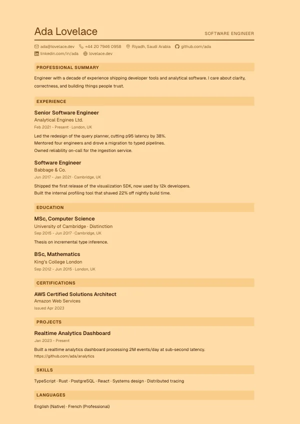 Atelier CV template preview: Tinted paper, book-wide margins, quiet type.