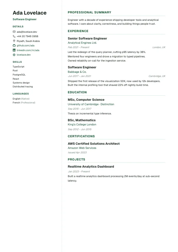 Aura CV template preview: A clean white side column for contact details and skills. Two columns — some systems read it out of order.