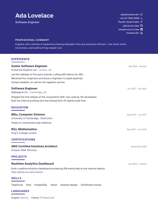 Band CV template preview: A deep colour masthead, and a strip on every page.