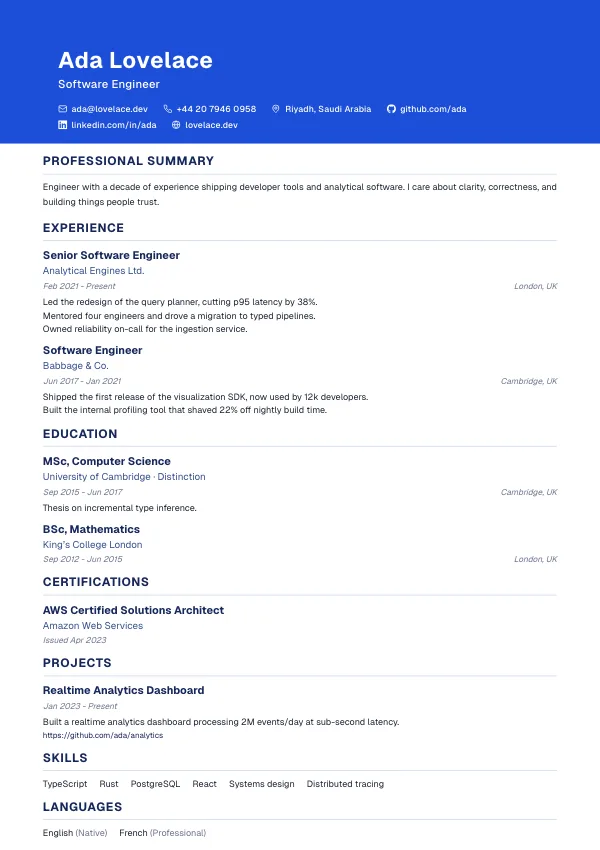 Header CV template preview: A striking header banner.