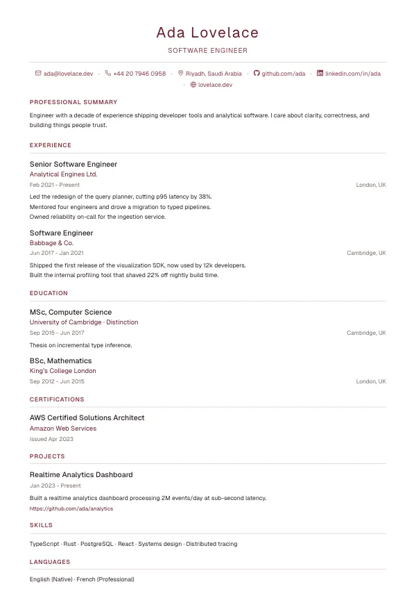 Elegant CV template preview: Refined, with hairline rules.