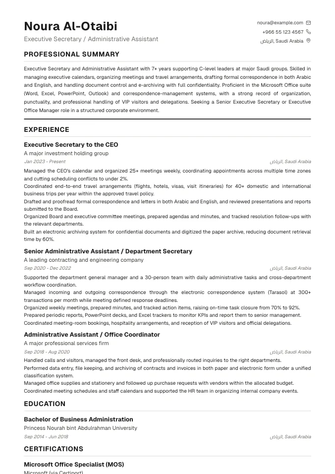 Executive Secretary CV Example (Administrative Assistant) | Professional Bilingual Template 2026