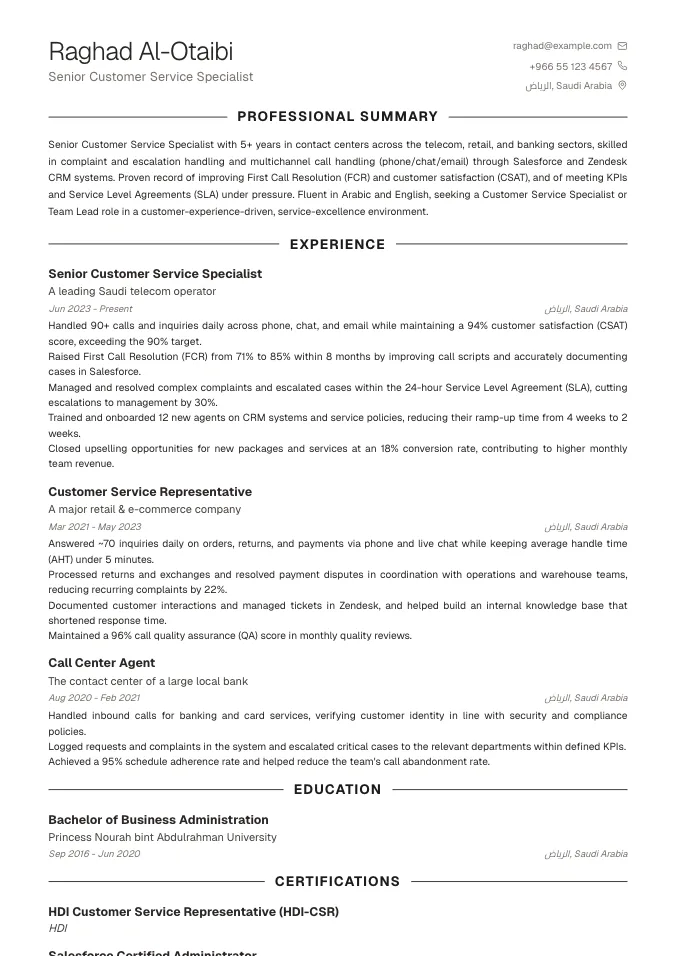 Customer Service CV Example (CRM, KPIs, Bilingual) | Professional Template 2026