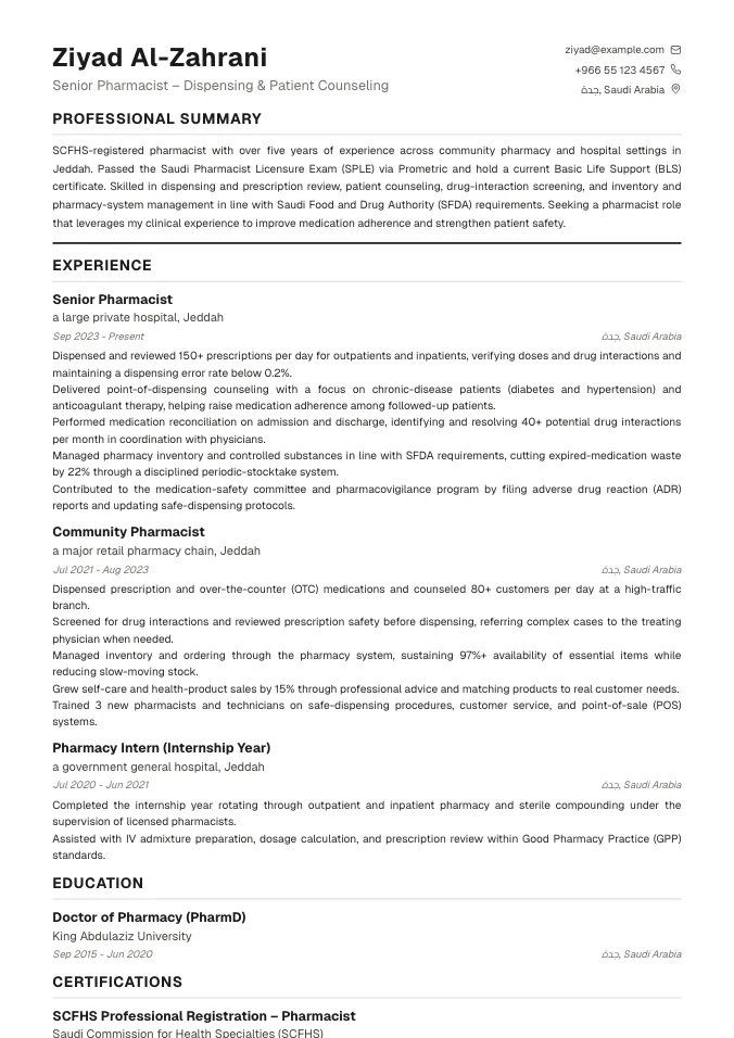 Pharmacist CV Example (Saudi / SCFHS) – Free Template & Writing Tips