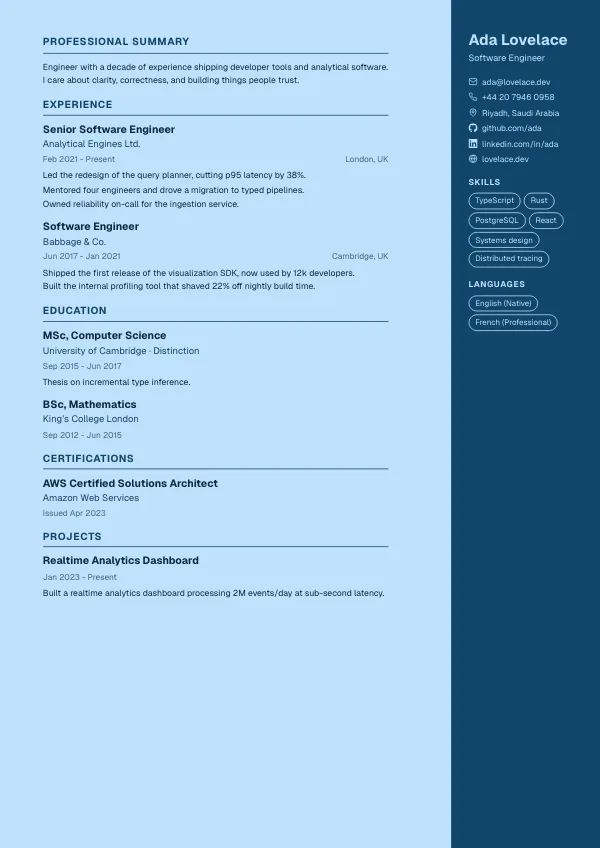 Folio CV template preview: A colour panel with your photo. Two columns — some systems read it out of order.
