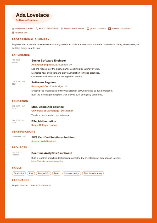 Frame CV template preview: A colour frame around the page, with dates in a side rail.