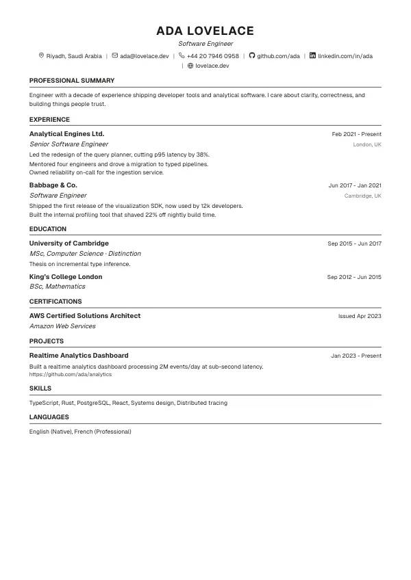 Ivy CV template preview: Dense and academic.