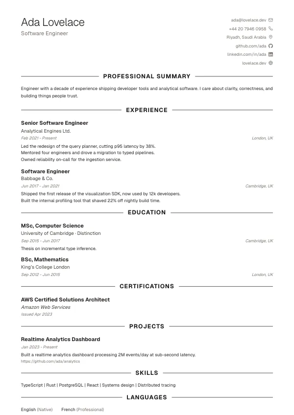 Minimal CV template preview: Clean and modern.