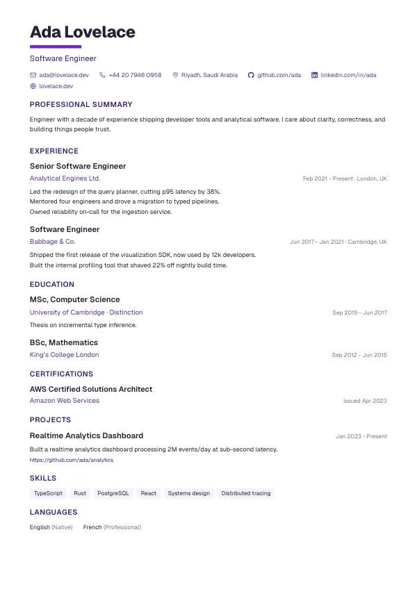 Modern CV template preview: Big name, room to breathe.