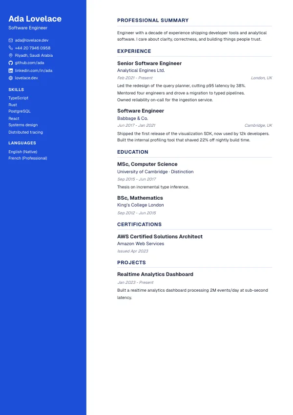 Split CV template preview: Two columns. Some systems read it out of order.