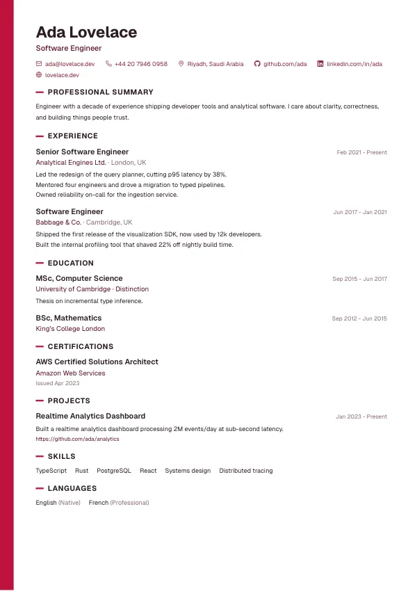Stripe CV template preview: A bold colour edge.